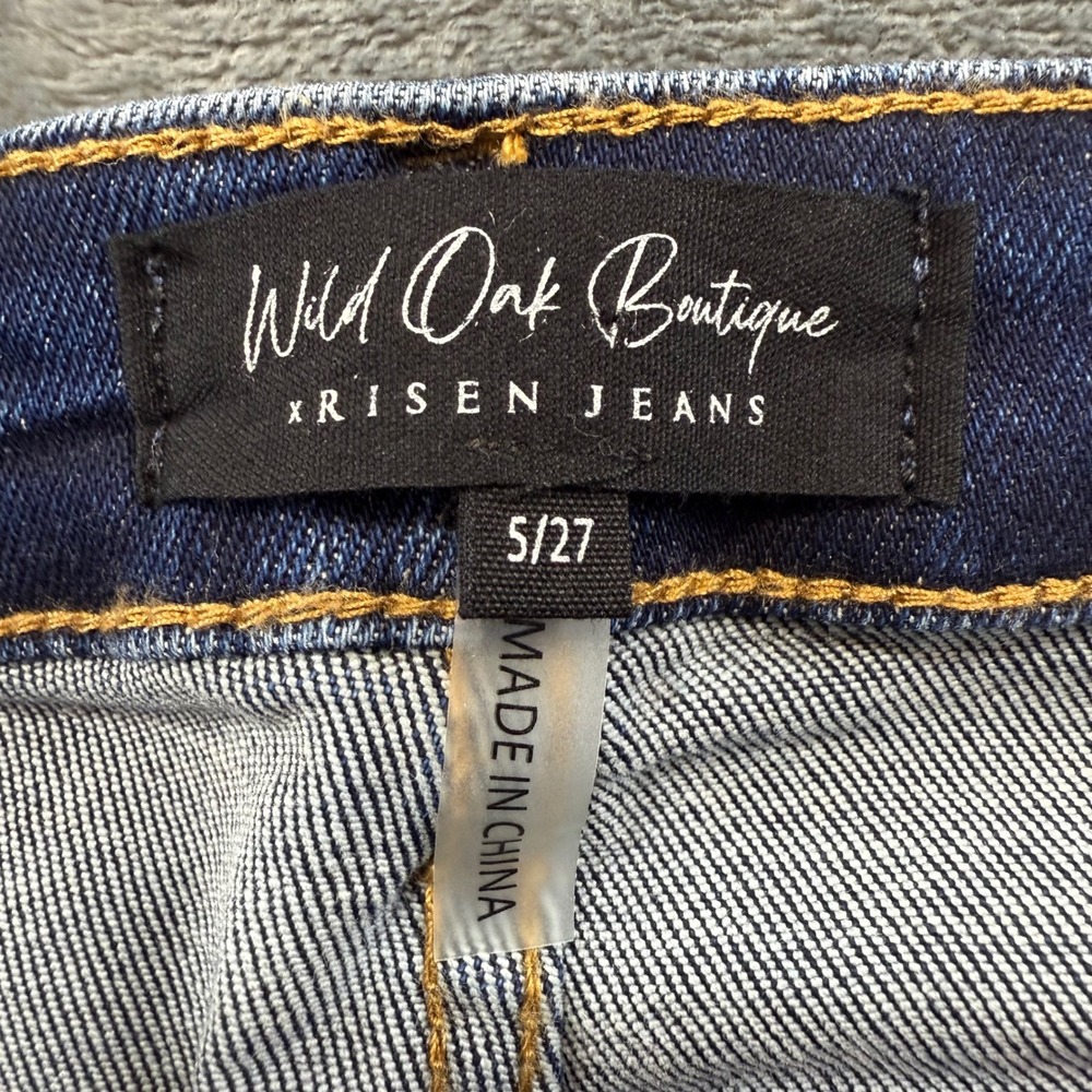 Wild Oak Boutique x Risen Jeans High Rise Distressed Fringe Hem Flare Size 5/27 - Picture 2 of 11